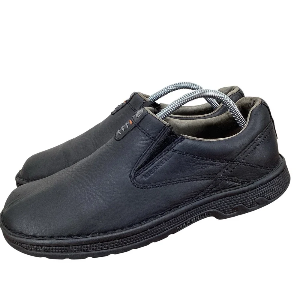 Merrell World Legend Shoes Men 9.5 Black Leather Slip On Pebbled Stollen J45053